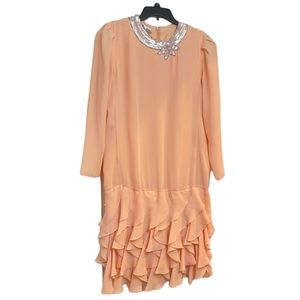 80s vintage peach drop waist ruffle skirt dress size 16